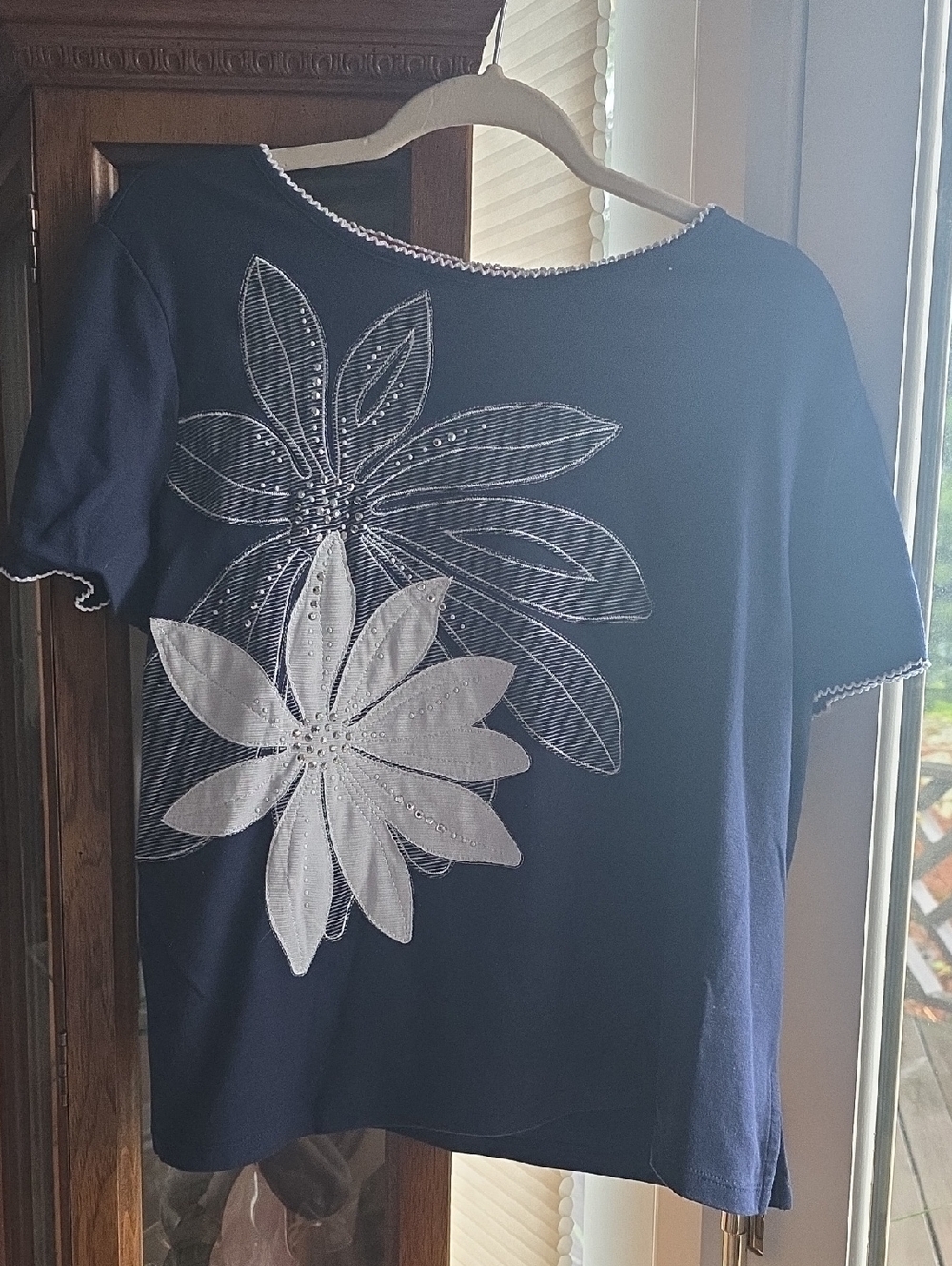 Alfred Dunner Navy Blue Top with White Floral Appliqué